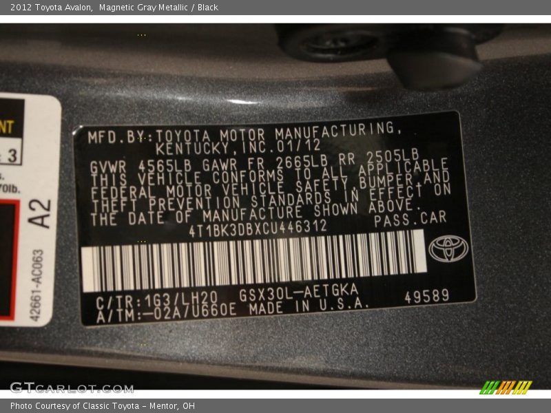 Magnetic Gray Metallic / Black 2012 Toyota Avalon