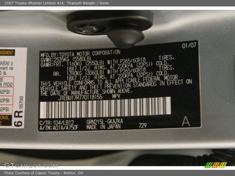 Titanium Metallic / Stone 2007 Toyota 4Runner Limited 4x4