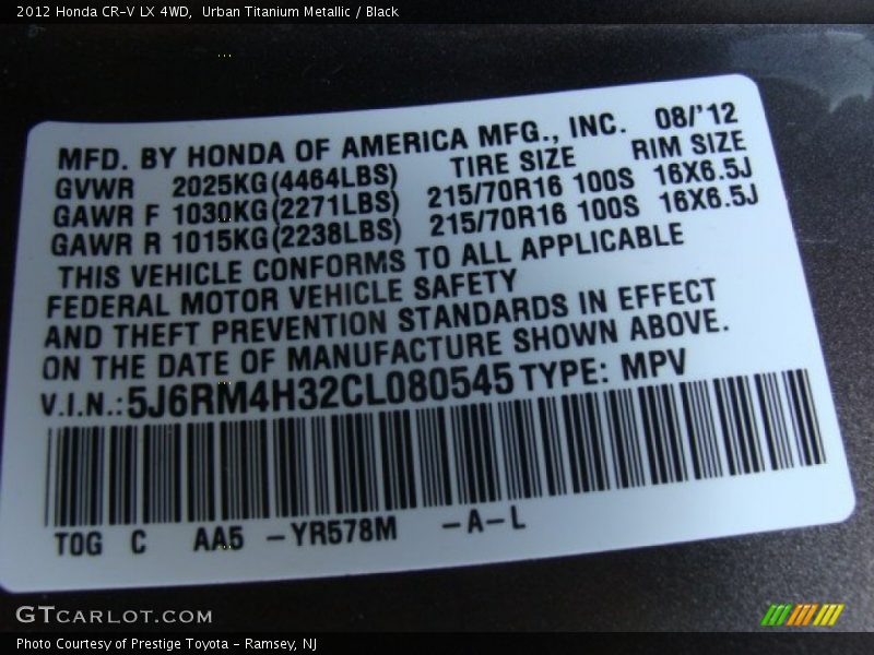 Urban Titanium Metallic / Black 2012 Honda CR-V LX 4WD