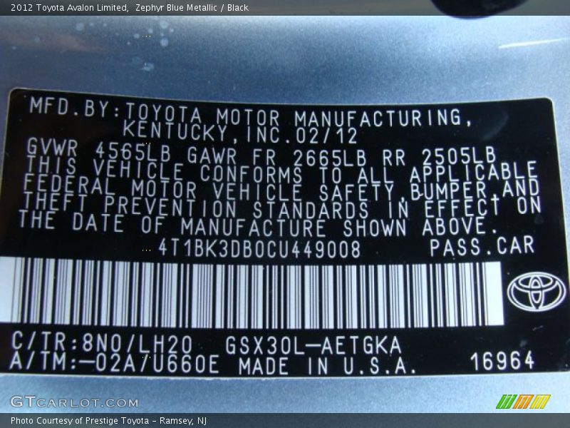 Zephyr Blue Metallic / Black 2012 Toyota Avalon Limited