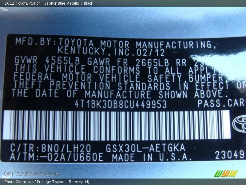 Zephyr Blue Metallic / Black 2012 Toyota Avalon