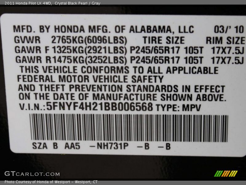 Crystal Black Pearl / Gray 2011 Honda Pilot LX 4WD