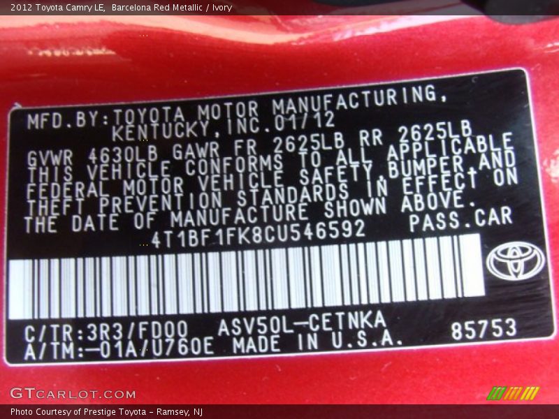 Barcelona Red Metallic / Ivory 2012 Toyota Camry LE