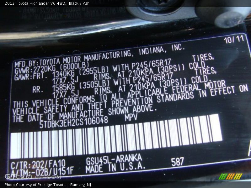 Black / Ash 2012 Toyota Highlander V6 4WD