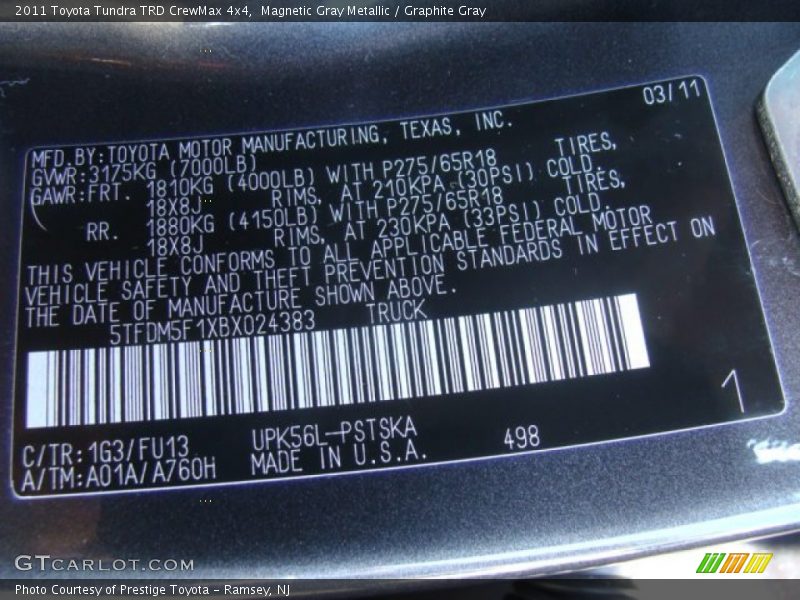 2011 Tundra TRD CrewMax 4x4 Magnetic Gray Metallic Color Code 1G3