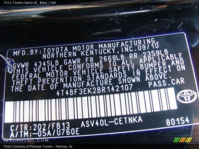 Black / Ash 2011 Toyota Camry LE