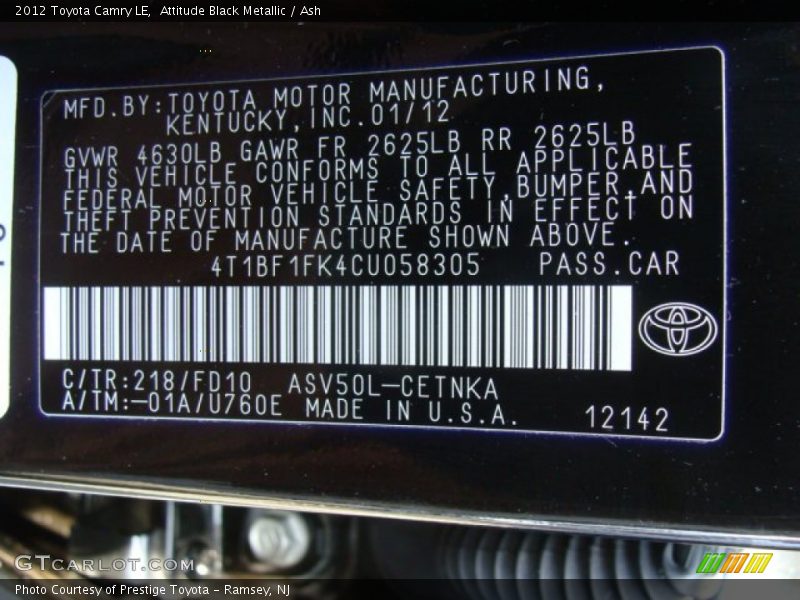 Attitude Black Metallic / Ash 2012 Toyota Camry LE