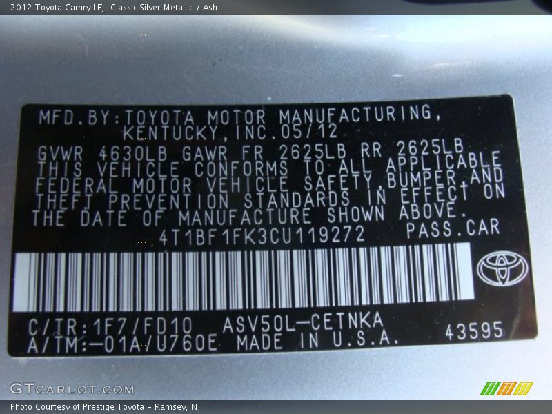 Classic Silver Metallic / Ash 2012 Toyota Camry LE