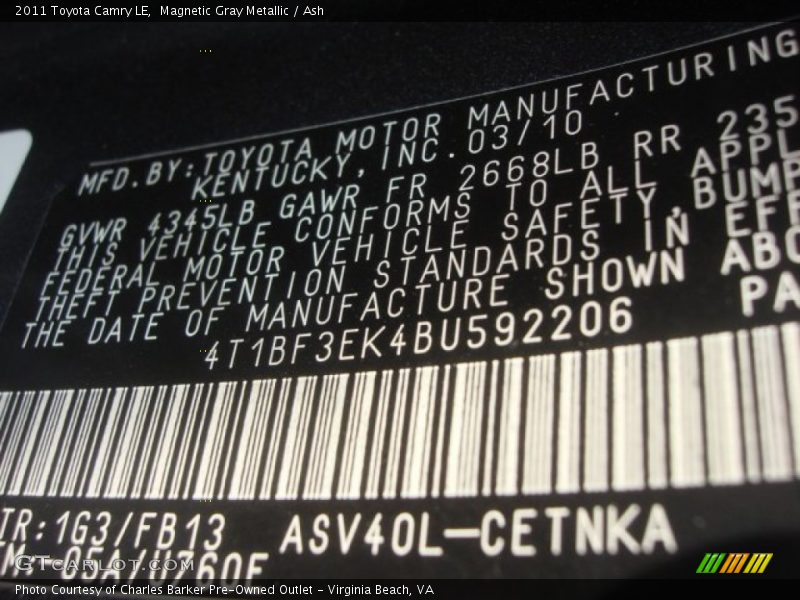 Magnetic Gray Metallic / Ash 2011 Toyota Camry LE