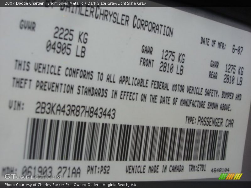 Bright Silver Metallic / Dark Slate Gray/Light Slate Gray 2007 Dodge Charger