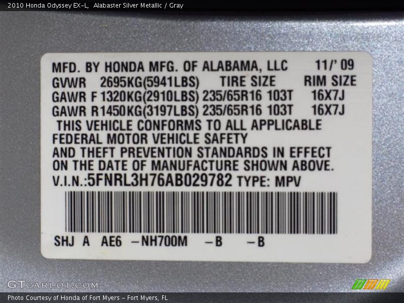 Alabaster Silver Metallic / Gray 2010 Honda Odyssey EX-L