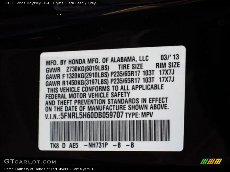 Crystal Black Pearl / Gray 2013 Honda Odyssey EX-L