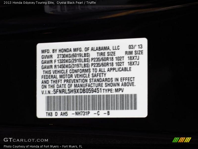 2013 Odyssey Touring Elite Crystal Black Pearl Color Code NH731P