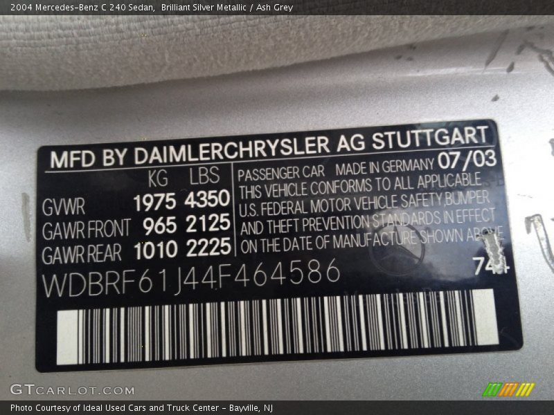 Brilliant Silver Metallic / Ash Grey 2004 Mercedes-Benz C 240 Sedan