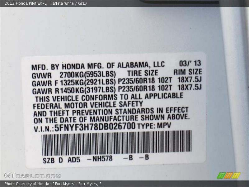 Taffeta White / Gray 2013 Honda Pilot EX-L