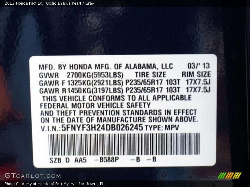 Obsidian Blue Pearl / Gray 2013 Honda Pilot LX