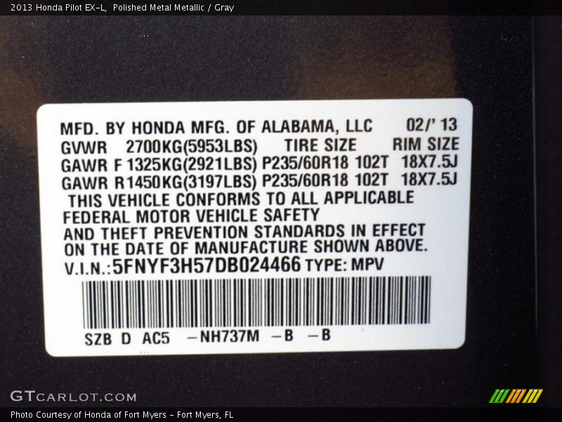 Polished Metal Metallic / Gray 2013 Honda Pilot EX-L