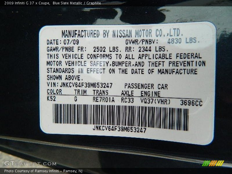 2009 G 37 x Coupe Blue Slate Metallic Color Code K52
