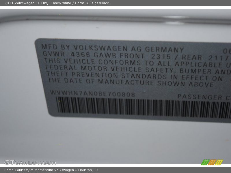 Candy White / Cornsilk Beige/Black 2011 Volkswagen CC Lux