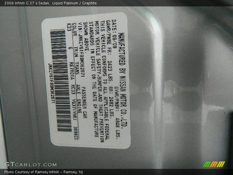Liquid Platinum / Graphite 2009 Infiniti G 37 x Sedan