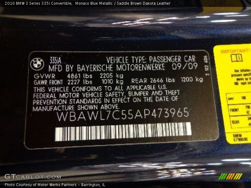 Monaco Blue Metallic / Saddle Brown Dakota Leather 2010 BMW 3 Series 335i Convertible