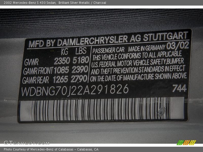 Brilliant Silver Metallic / Charcoal 2002 Mercedes-Benz S 430 Sedan