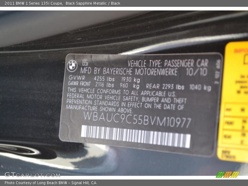 Black Sapphire Metallic / Black 2011 BMW 1 Series 135i Coupe