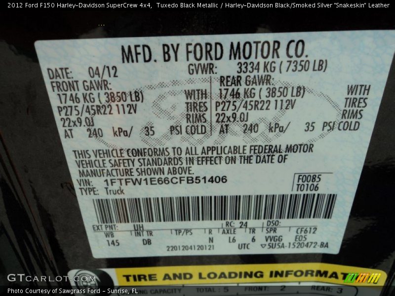 2012 F150 Harley-Davidson SuperCrew 4x4 Tuxedo Black Metallic Color Code UH