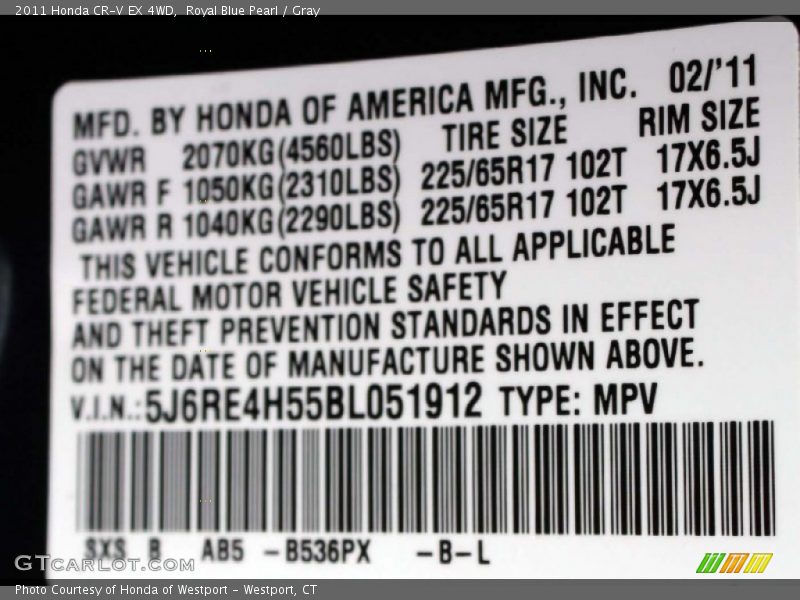 Royal Blue Pearl / Gray 2011 Honda CR-V EX 4WD