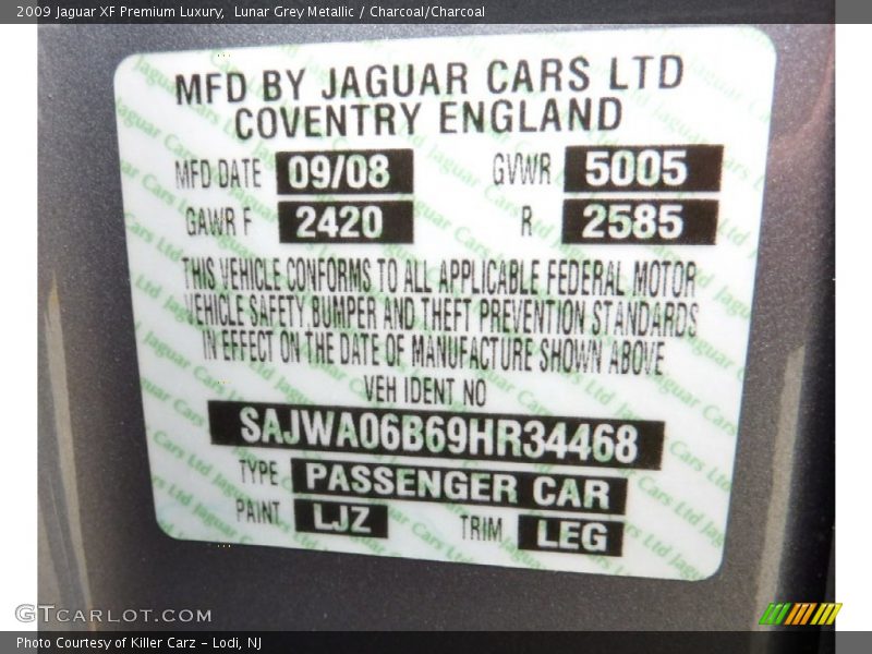 Lunar Grey Metallic / Charcoal/Charcoal 2009 Jaguar XF Premium Luxury