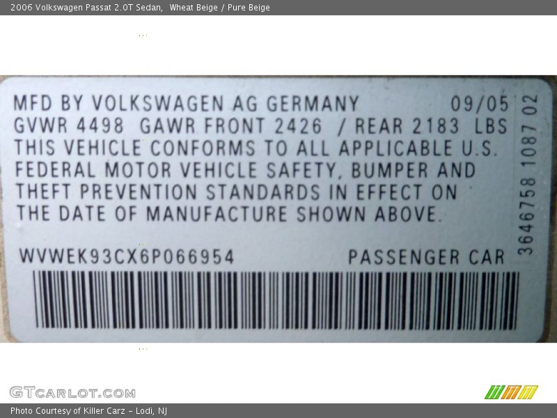 Wheat Beige / Pure Beige 2006 Volkswagen Passat 2.0T Sedan