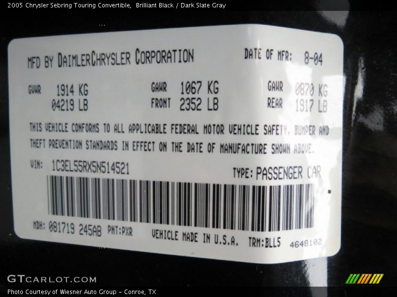 2005 Sebring Touring Convertible Brilliant Black Color Code PXR