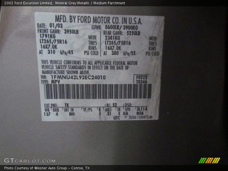 2003 Excursion Limited Mineral Grey Metallic Color Code TK