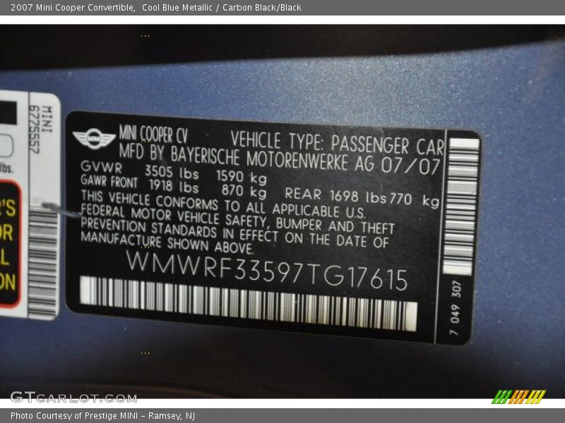 Cool Blue Metallic / Carbon Black/Black 2007 Mini Cooper Convertible