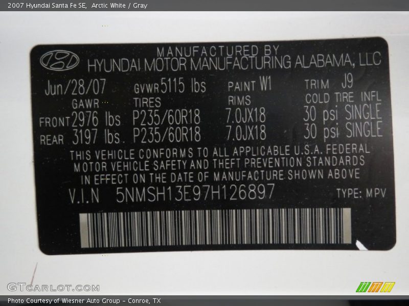 Arctic White / Gray 2007 Hyundai Santa Fe SE