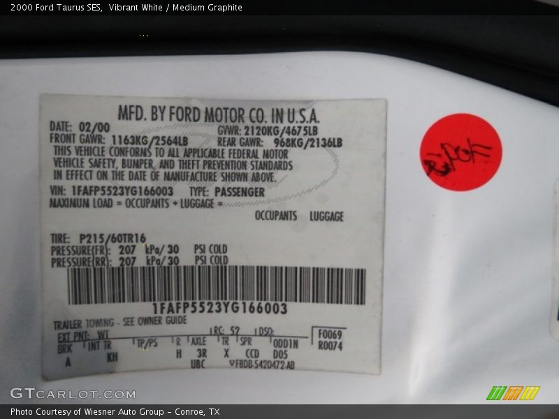 Vibrant White / Medium Graphite 2000 Ford Taurus SES
