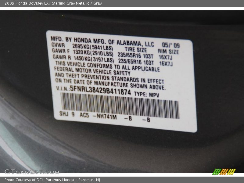 2009 Odyssey EX Sterling Gray Metallic Color Code NH741M