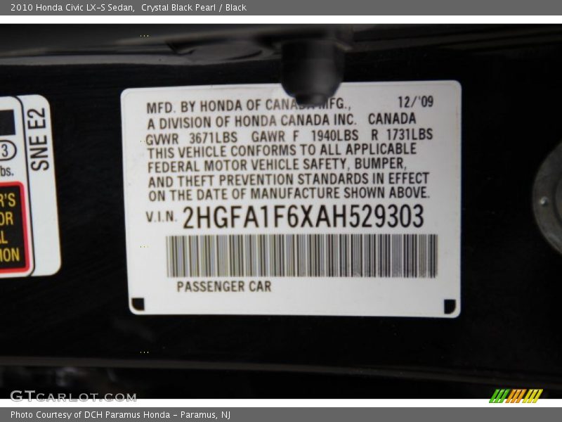 Crystal Black Pearl / Black 2010 Honda Civic LX-S Sedan