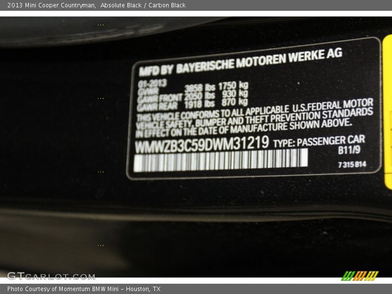 2013 Cooper Countryman Absolute Black Color Code B11