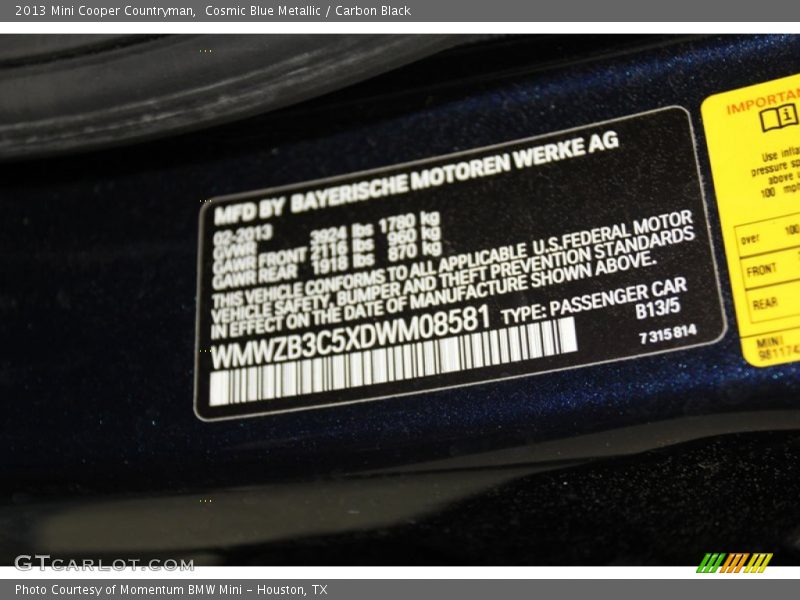 Cosmic Blue Metallic / Carbon Black 2013 Mini Cooper Countryman