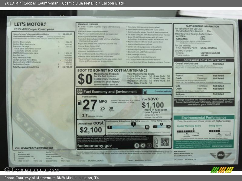  2013 Cooper Countryman Window Sticker