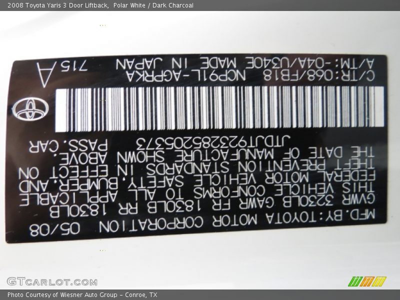 Polar White / Dark Charcoal 2008 Toyota Yaris 3 Door Liftback