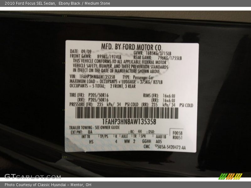 2010 Focus SEL Sedan Ebony Black Color Code UA