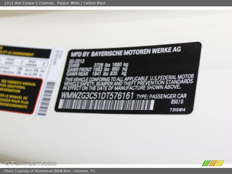 Pepper White / Carbon Black 2013 Mini Cooper S Clubman