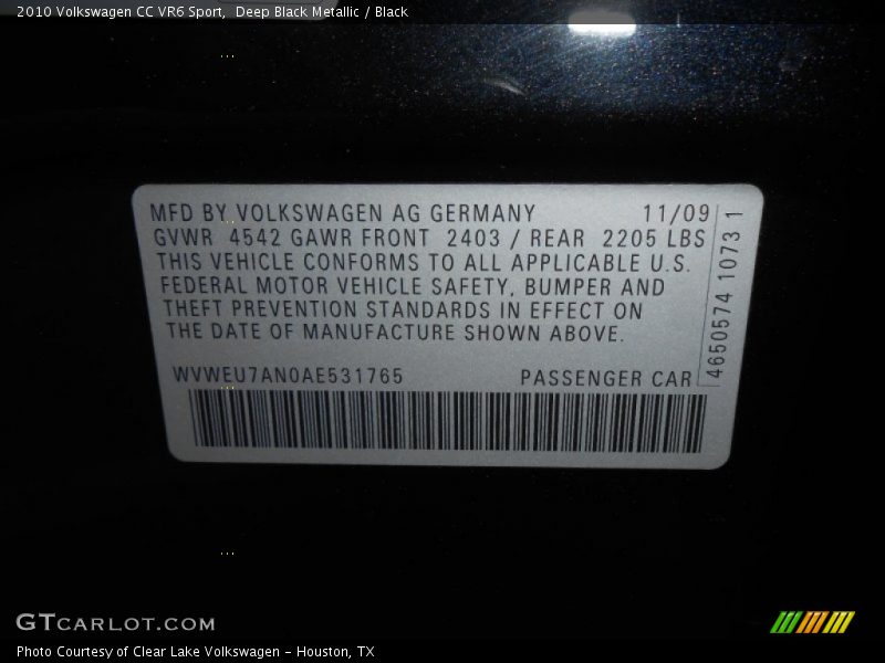 Deep Black Metallic / Black 2010 Volkswagen CC VR6 Sport
