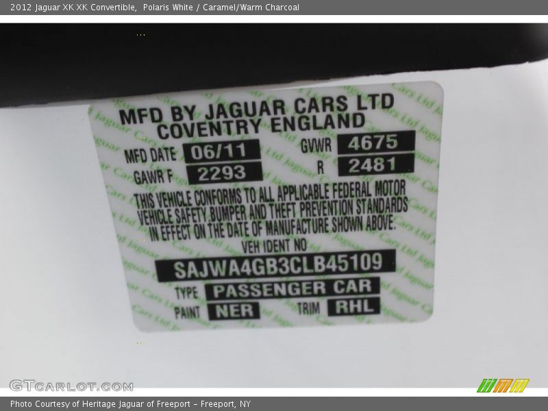 2012 XK XK Convertible Polaris White Color Code NER