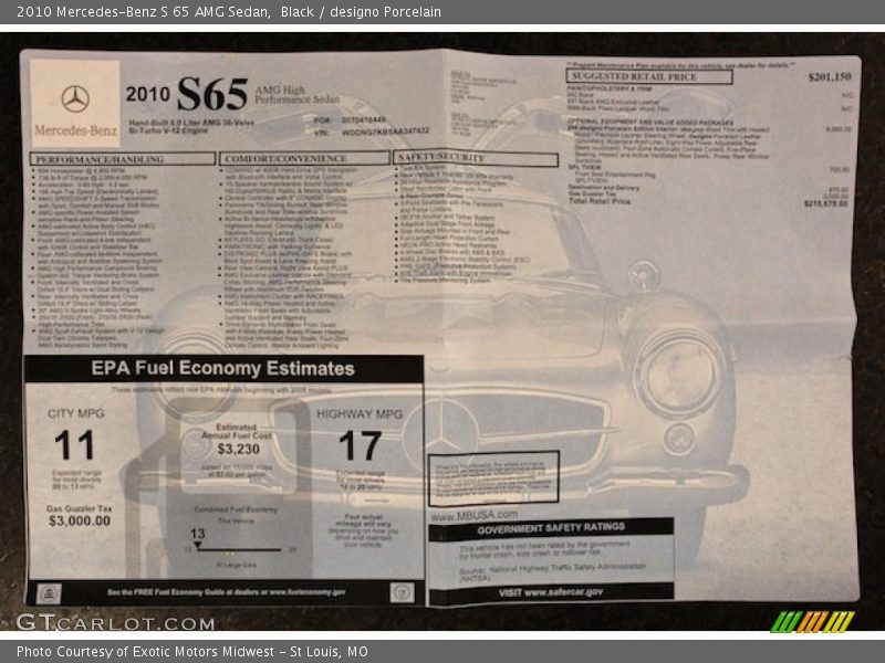  2010 S 65 AMG Sedan Window Sticker