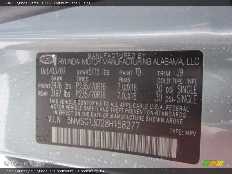 Platinum Sage / Beige 2008 Hyundai Santa Fe GLS