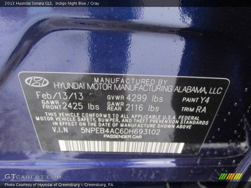 Indigo Night Blue / Gray 2013 Hyundai Sonata GLS