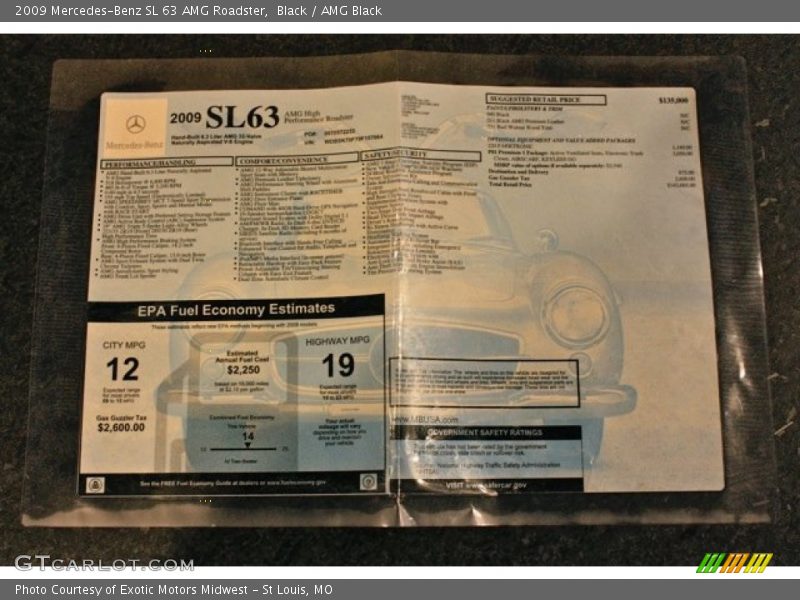  2009 SL 63 AMG Roadster Window Sticker
